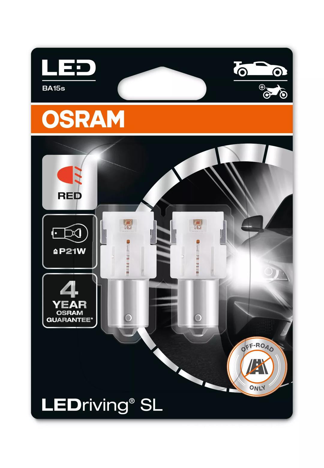Bec Osram LEDriving SL P21W Rosu | 12V - 1.8W - BA15s - Set 2 buc (Off-Road) Osram - imagine 1